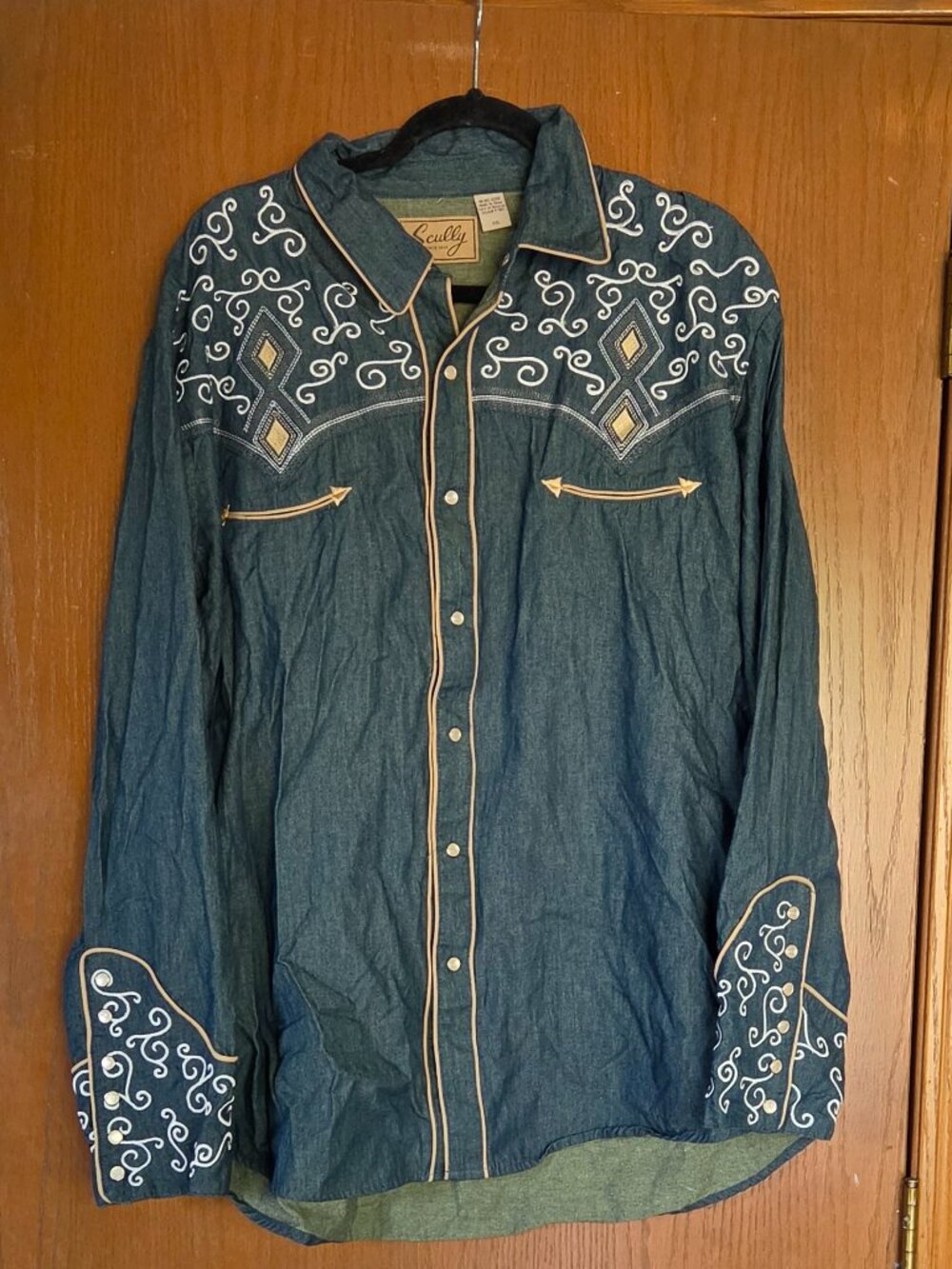 Scully Men's Blue Western Shirt with white/gold embroidery peal snap- Size XXL